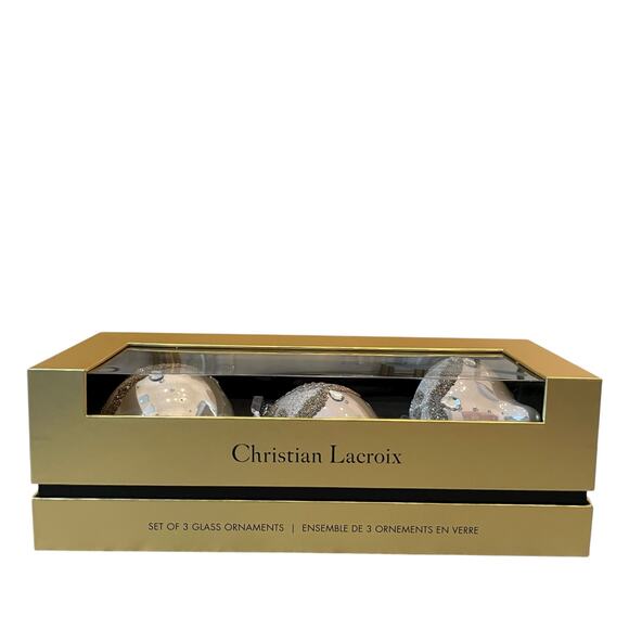 Christian Lacroix Beaded Glass Ornament Set of 3 Iridescent Pink & Gold NEW - Picture 9 of 16